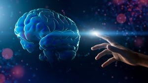 Hand touching virtual artificial brain on glitter bright lights colorful background, panorama